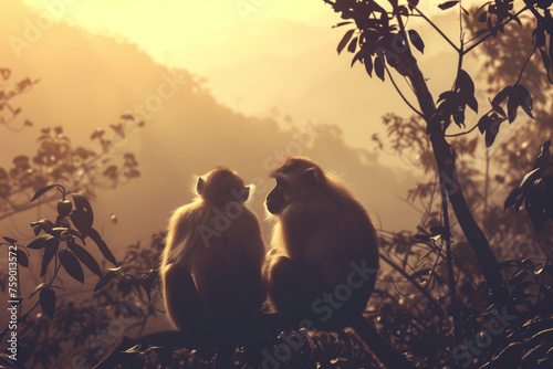 Two monkeys sitting together in nature during golden hour, suitable for travel or wildlife themes. photo