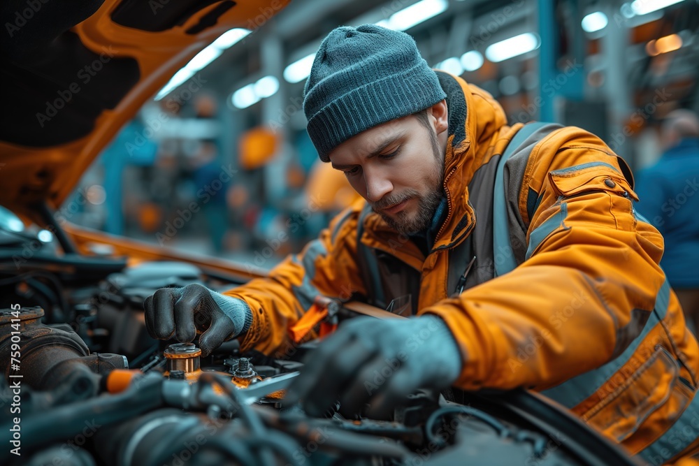 An attentive mechanic in a garage inspects a car's engine, showcasing diagnostic and mechanical skills in the automotive industry An attentive mechanic in a garage inspects a car's engine, showcasing diagnostic and mechanical skills in the automotive industry