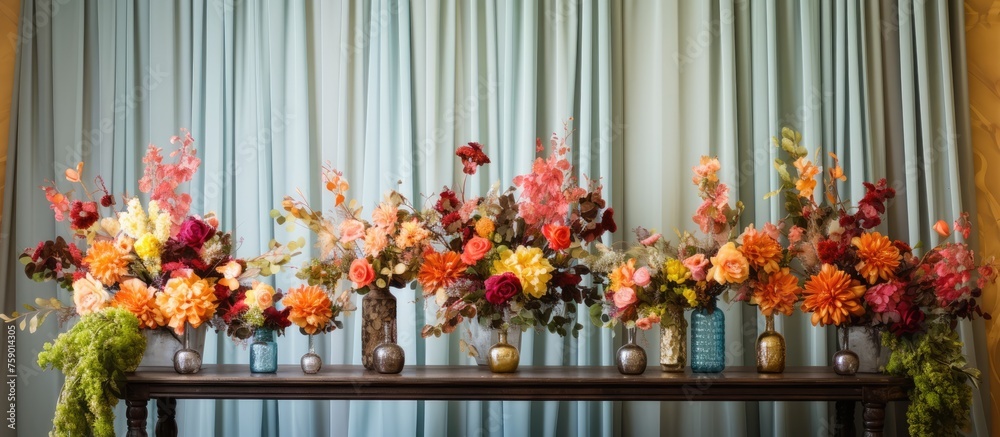 Fototapeta premium flowers in vases on table with curtain backdrop