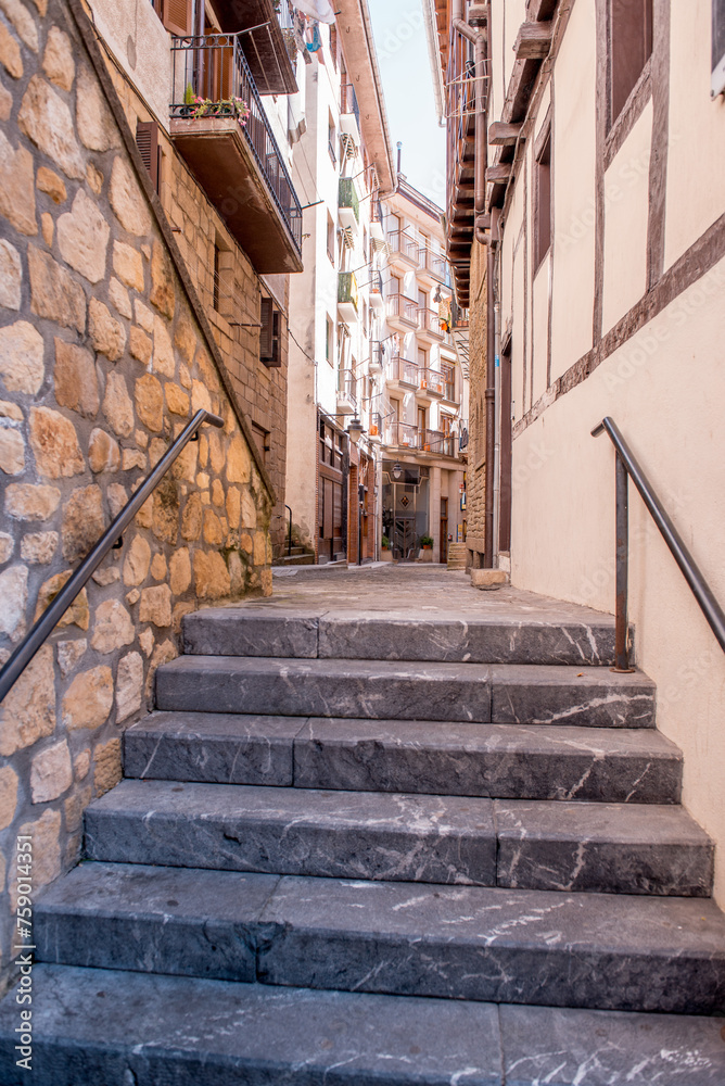 stairs in the historic city of Orio in Spain. A narrow street in the old town.