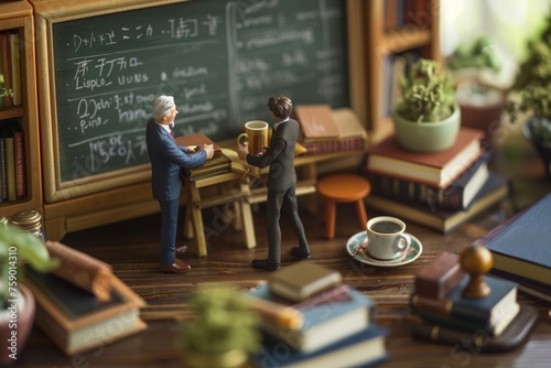 Miniature queer academic lounge scene with a business couple discussing over coffee, surrounded by books and a chalkboard. photo