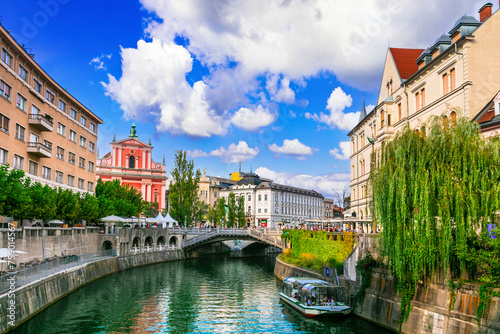 Travel and landmarks of Slovenia - beautiful Ljubljana capital city, scenic canals in downtown.