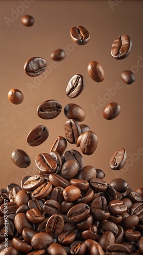 healthy coffee beans scattered on a coffee colored