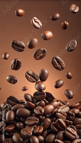 healthy coffee beans scattered on a coffee colored