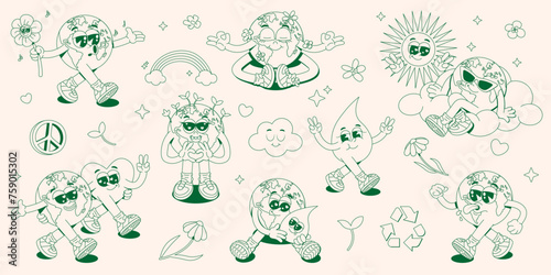 Collection of retro groovy hippie Earth planet characters. Vector funny 60s, 70s vintage Earth Day stickers, stamps or mascots. World Environment Day concept. Y2K aesthetics. Monochrome palette.