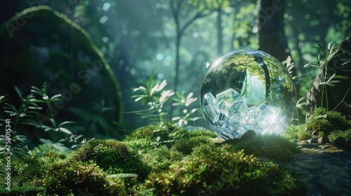 Crystal globe concept on moss in the forest
