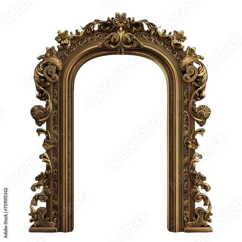 Ancient classic arch frame, gold with complex design, isolated on transparent or white background. 