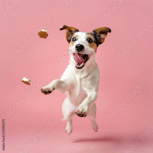 Happy dog jumping on pastel background and catching a treat with mouth wide open