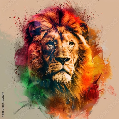 splater paint realtistic image of male lion using warm colours  photo