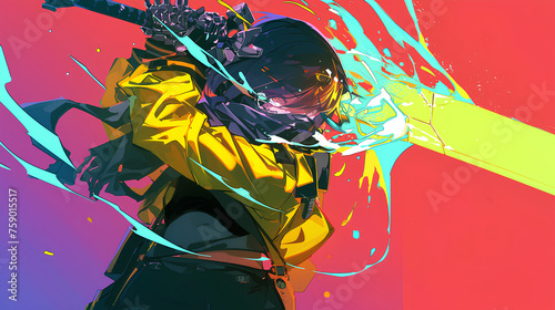 cool anime pose wearing a mechanic costume kimono x scarf