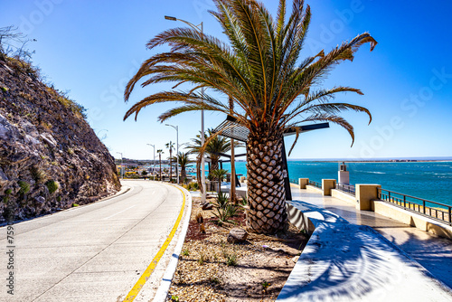 Coastal landscape with Federal Highway 11, Los Delfines viewpoint on promenade, palm trees against blue sky and sea in background, rocky hillside, sunny day in La Paz, Baja California Sur Mexico