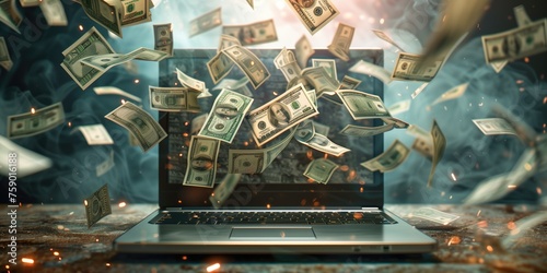 Digital Wealth: Dollars Erupting from Laptop