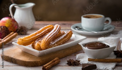 Churros com chocolate. Comida doce, doce, frito, sobremesa. photo