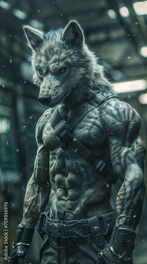Fototapeta premium Wolf Werewolf Warrior Cyborg Cyberpunk Cinematic Concept Art Fantasy character V1 35