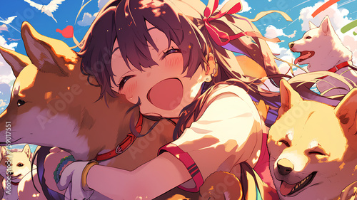 Cute anime idol girl hugging a happy dog