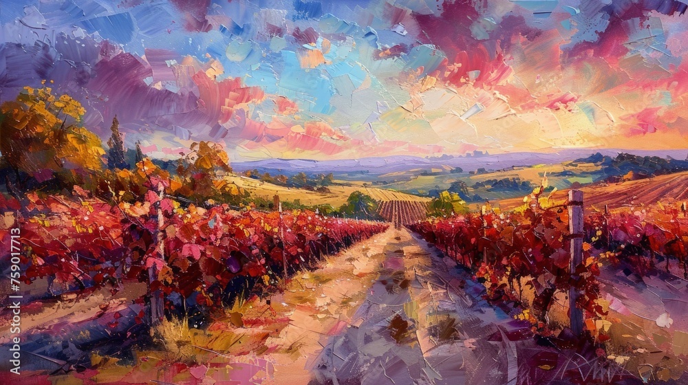 Oil Painting of a Vineyard Grapes Harvest Vibrant Colors Background Template for Business Presentation 16:9 - obrazy, fototapety, plakaty 