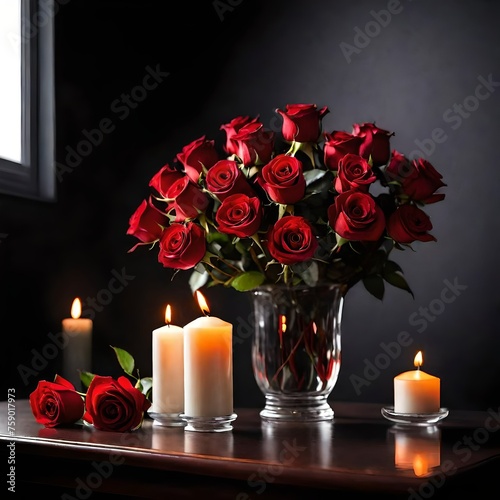 red rose  bouquet and candle