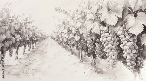 Black and White Pencil Sketches of a Vineyard Grapes Harvest Background Template for Business Presentation 16:9