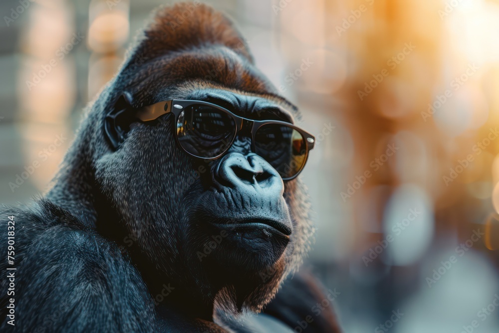 Portrait of a gorilla in sunglasses on a city.