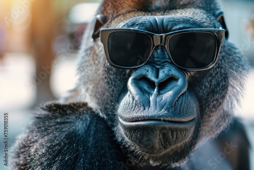 Portrait of a gorilla in sunglasses on a city.