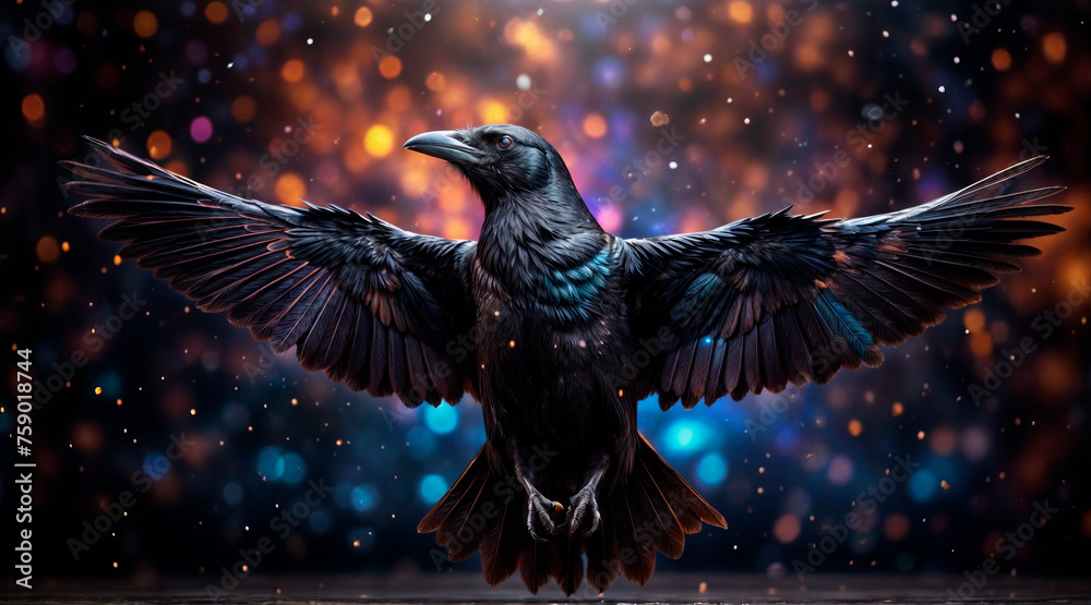 Fototapeta premium Black bird on dark shiny background