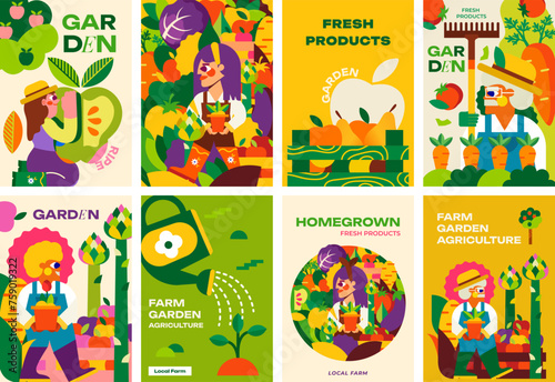 Collection of 8 Posters. Garden, farm and agriculture. Bright illustrations of gardeners, farmers, nature, harvest. Great for advertising, poster, background or card.