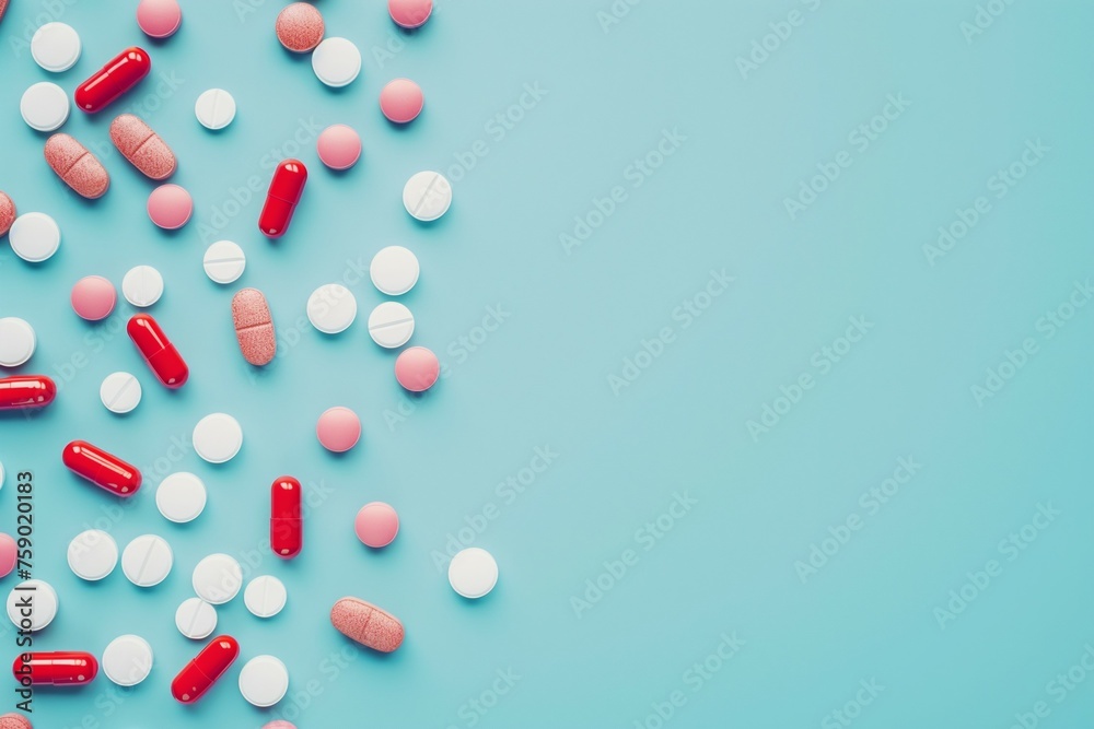 Pills and capsules on a light blue background with copy space. Pills and capsules on a light blue background with copy space.