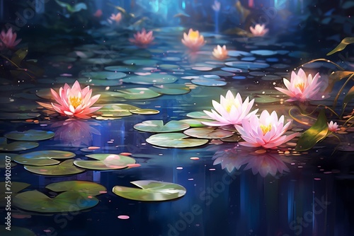 Create a serene atmosphere with a bokeh background of a tranquil pond surrounded by blooming water lilies. 