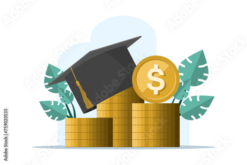 education and money concept, flat cartoon graduation cap and cash, concept of scholarship or loan fees, school or study fees, value of student knowledge, learning success. flat vector illustration.