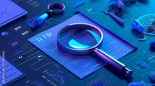 an illustration with the acronym RFP text integrates with an unfolding document, magnifying glasses symbolizing the opening and exploration of proposals.