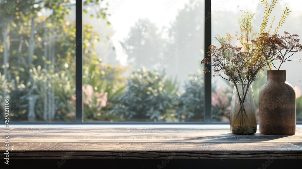 Wooden table on living room interior design for display product over blurred background.AI generated Wooden table on living room interior design for display product over blurred background.AI generated