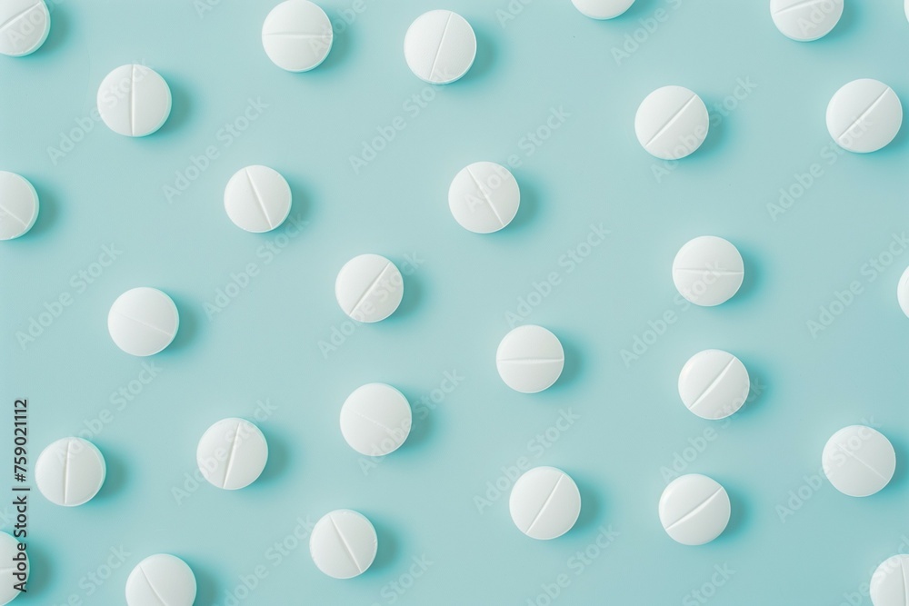White pills on a light blue background, overhead view.