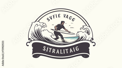 Vintage logo. Men surfing on wave. Surfboard.Surf 