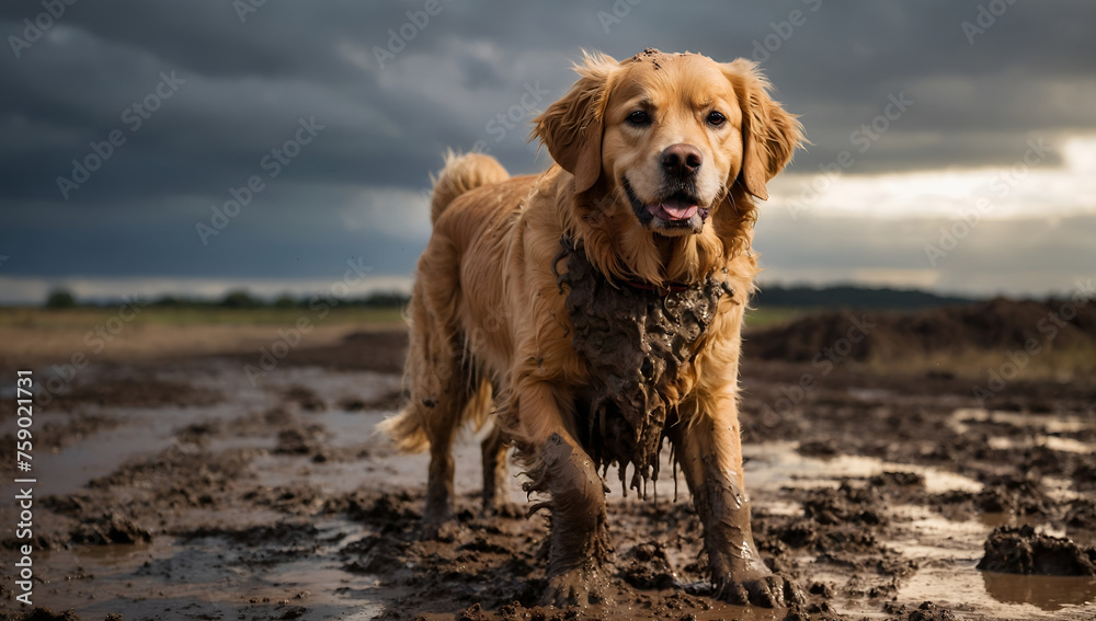 dog covered in mud