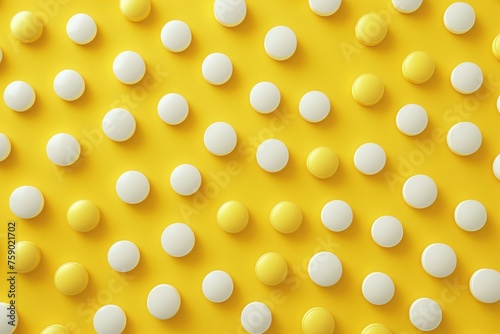 Pills on a yellow background, overhead view.
