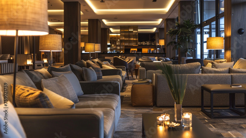 An inviting hotel lounge area with comfortable seating and soft ambient lighting