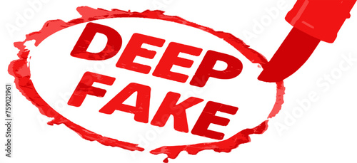 RED DEEPFAKE DRAWING, Paint, Paintbrush, Brush, Word, Texture, Pattern, Isolated. Circular mark with the text DEEPFAKE. Block letters.
