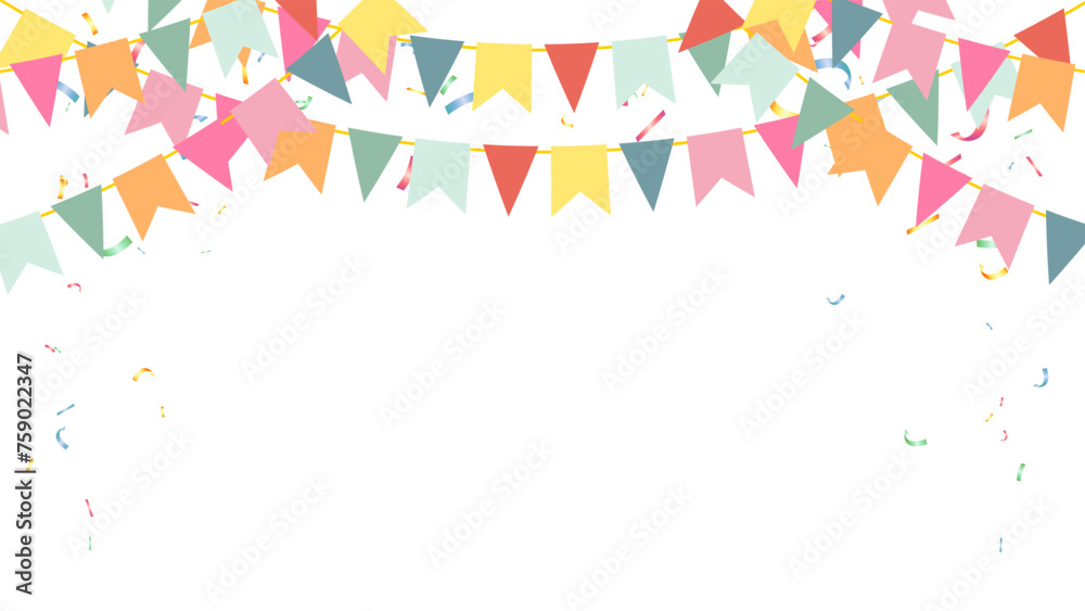 Obraz premium party colorful pastel flags and confetti falling on transparent background. celebration, birthday, fetival, carnival, anniversary and holiday