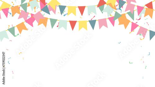 party colorful pastel flags and confetti falling on transparent background. celebration, birthday, fetival, carnival, anniversary and holiday