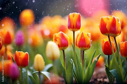 Highlight the beauty of springtime rain showers with a bokeh background of raindrops falling on vibrant tulips