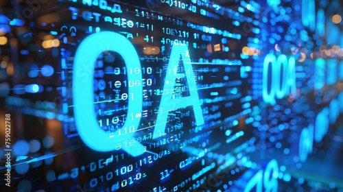 Digital blue matrix binary code forms the acronym QA , symbolizing the concept of Quality Assurance. 