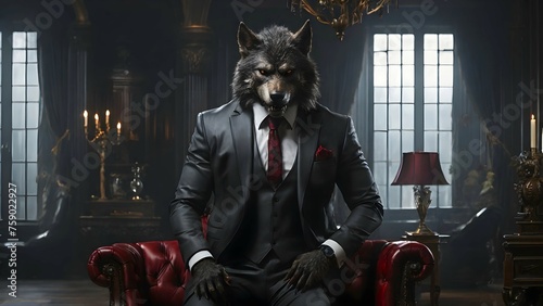A werewolf is dressed in a modern business suit in a living room with a gothic interior
