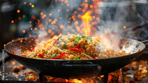 Aromatic stir-fry noodles tossed in a wok over an open flame, capturing the essence of Asian street food amidst a sparkling backdrop.