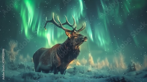 A digital artwork of a majestic stag with impressive antlers standing under the mesmerizing glow of the Northern Lights in a snowy landscape.