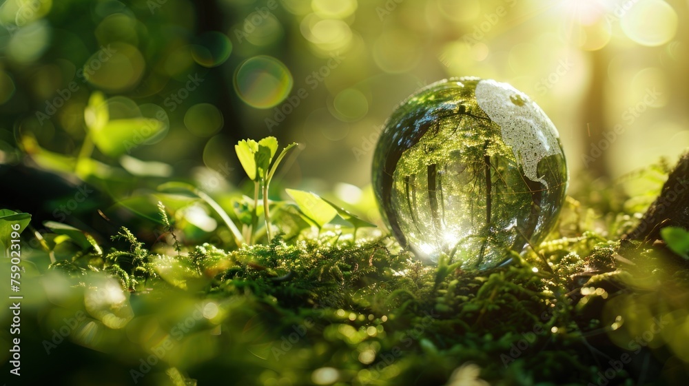 Close up of sphere glass globe in the green nature forest. AI generated image Close up of sphere glass globe in the green nature forest. AI generated image