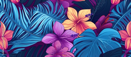 Tropical seamless pattern with palm leaves and ethnic aloha rapport.