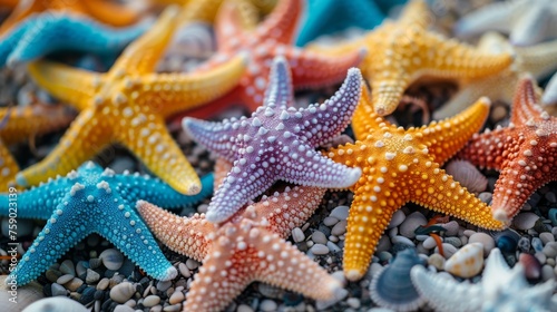 An assortment of vibrant starfish in various colors scattered on a bed of pebbles, showcasing marine biodiversity. © Sodapeaw