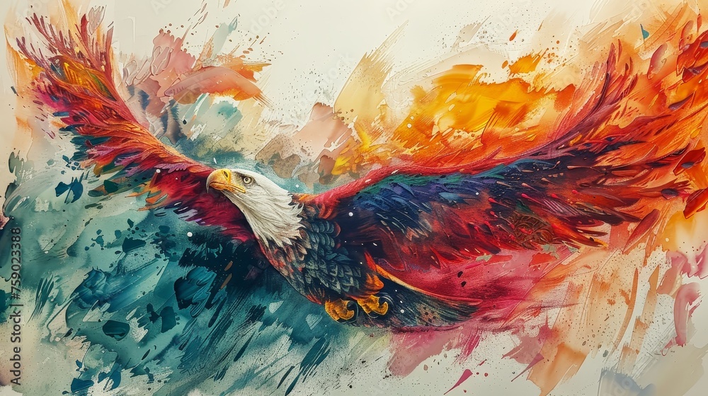 An abstract painting that captures an eagle in flight, its wings rendered in an explosion of vibrant colors against a tumultuous backdrop, symbolizing dynamic motion and freedom. An abstract painting that captures an eagle in flight, its wings rendered in an explosion of vibrant colors against a tumultuous backdrop, symbolizing dynamic motion and freedom.