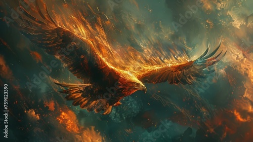 A stunning digital art piece that portrays an eagle ascending with wings ablaze, reminiscent of a phoenix rising from the ashes, symbolizing rebirth and power.