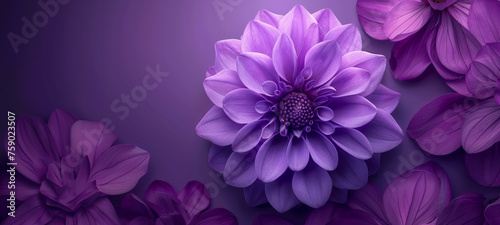 close up di  di fiore viola vibrante  che si staglia su un rigoglioso sfondo viola, creando un contrasto visivamente sorprendente, spazio per testo, formato rettangolare